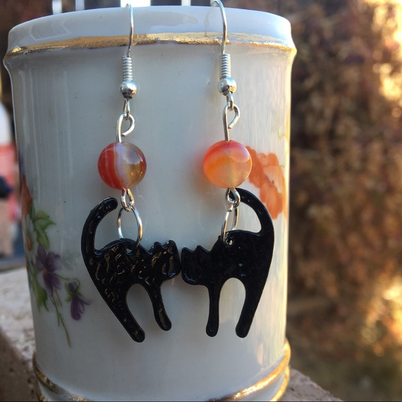 Orange Agate Black Cat Dangle Earrings - Picture 2 of 5